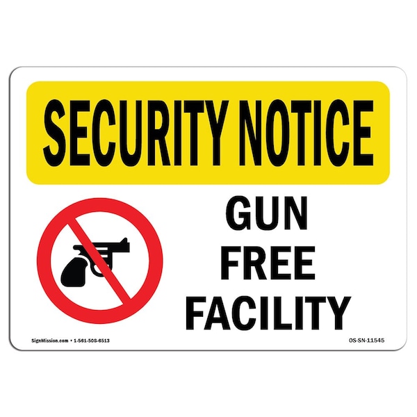 Safety Sign, OSHA SECURITY NOTICE, 3.5" Height, 5" Width, Gun Free Facility, Landscape, 10PK